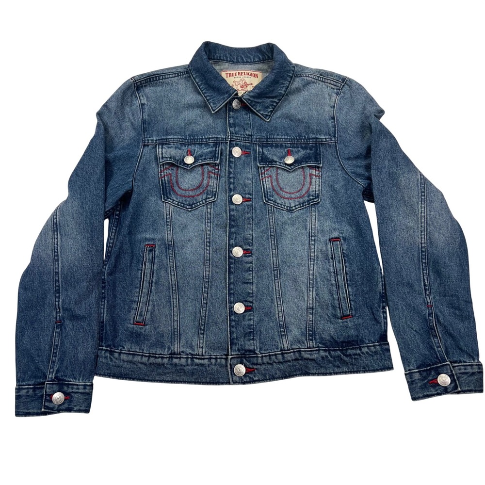True Religion Denim Trucker Jacket Small Red Stitch Med Blue Quartz Wash Buddha